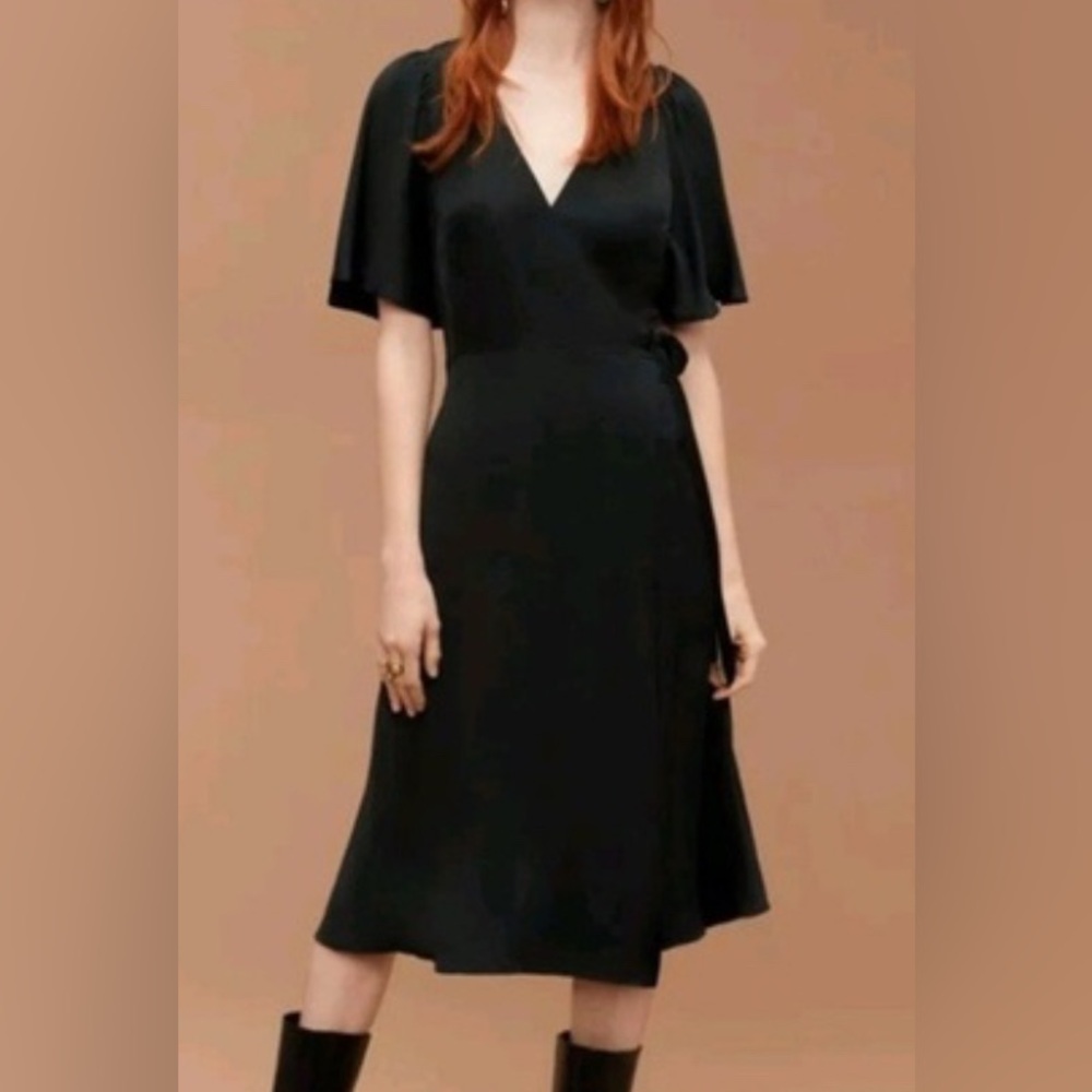 Wilfred Nadine True Wrap Dress, 100% cupro, pockets, flutter, black, XS US 2 NWT